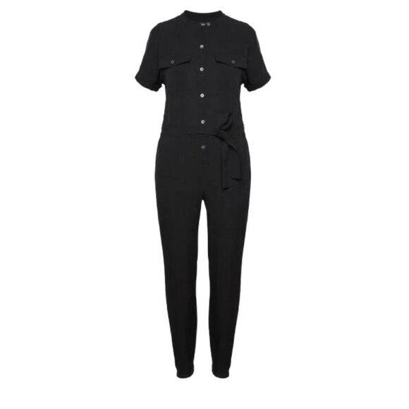 Theory Black 100% Silk Cargo Shirt Jumpsuit Size 6 Short Sleeve Tapered - Picture 1 of 7